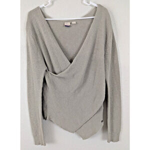 Roxy Y2K sz M Faux Wrap Sweater asymmetric stretchy long sleeves v-neck 2316